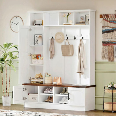 Versatile 3-in-1 Hall Tree with 6 Hooks, Farmhouse Walnut Storage Bench with Adjustable Shelves, 55"W Entryway Coat Rack with Multiple Storage Space