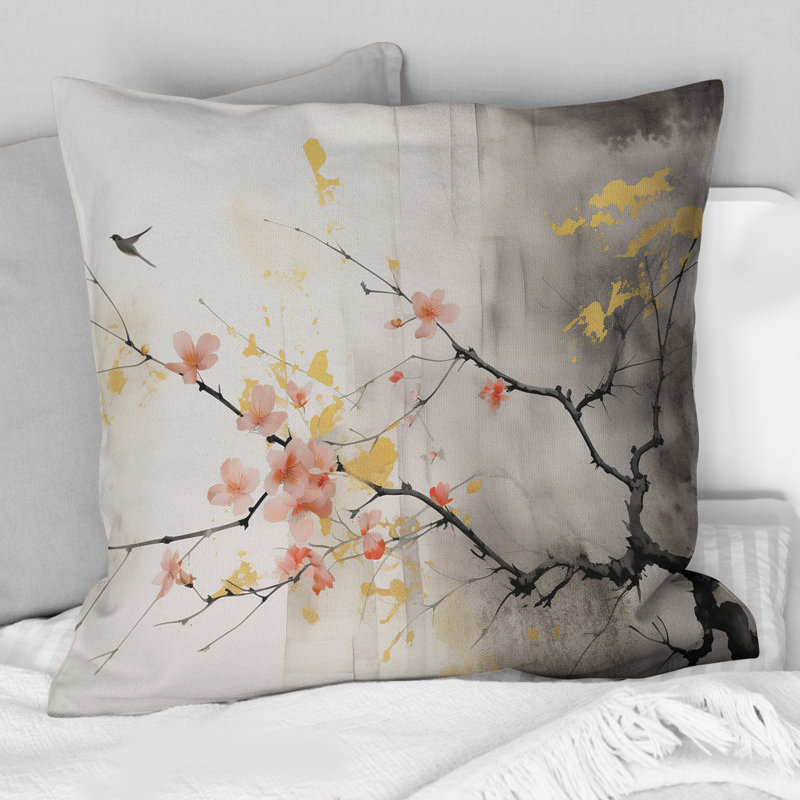 Asian Art Sumi Blossom I - Coussin décoratif à imprimé d'art asiatique, 16" x 16"