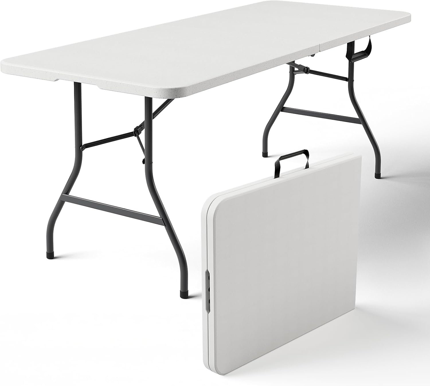 Folding Table-6Ft Heavy Duty Fold-In-Half Plastic Table With Adjustable Height, Utility Tables With Steel Legs (White)