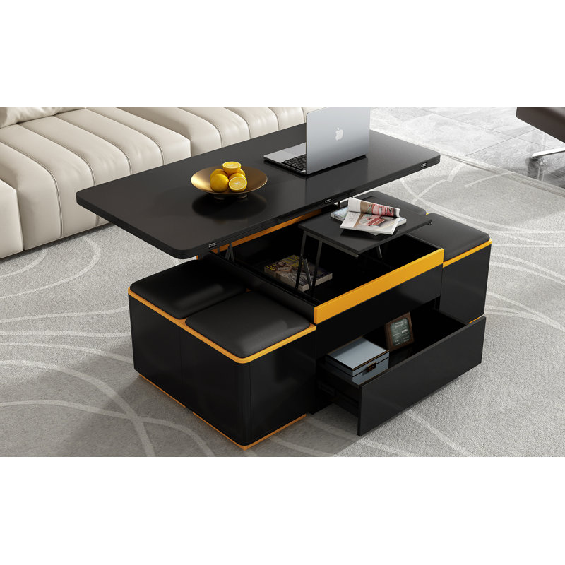 Lift-Top Coffee Table With 4 Storage Stools, Space Saving Centre Table With Foldable Top, Multi-Functional Adjustable Coffee Table