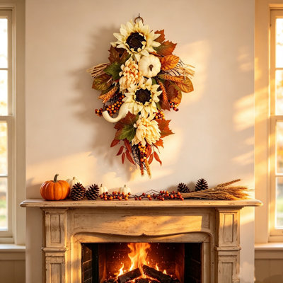 Décoration d'automne pour l'Action de grâce - Pendentif de 35 ou 45 cm en forme de goutte d'eau inversée - Couronne de citrouille blanche, tournesol et guirlande de feuilles d'érable - Décoration de porte