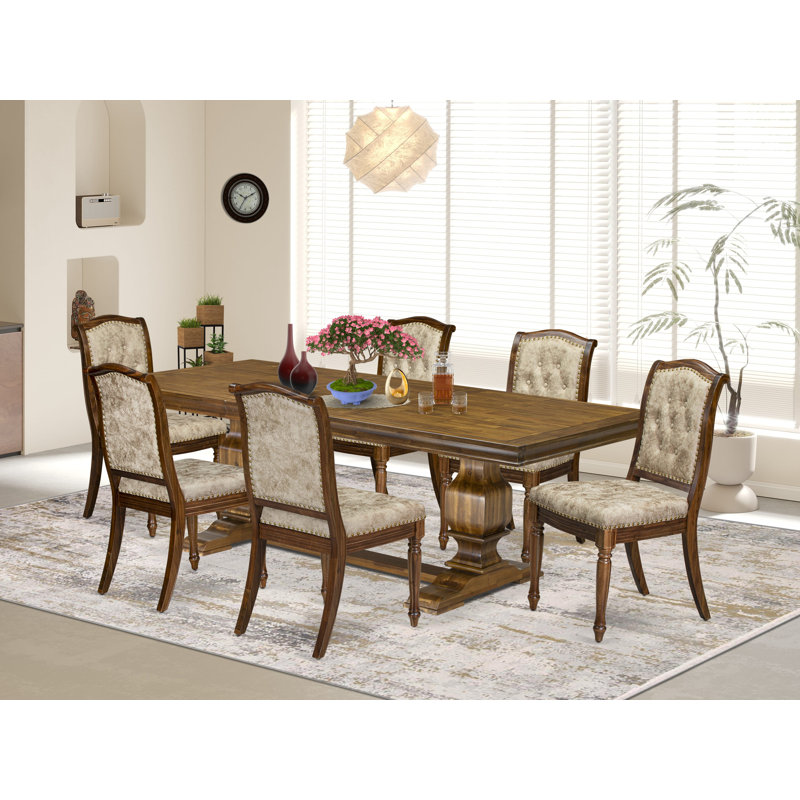 7 Pieces Kitchen table set includes a Rectangular Dining Table and 6 Light Beige PU Leather Modern Dining Chairs, Antique Walnut finish