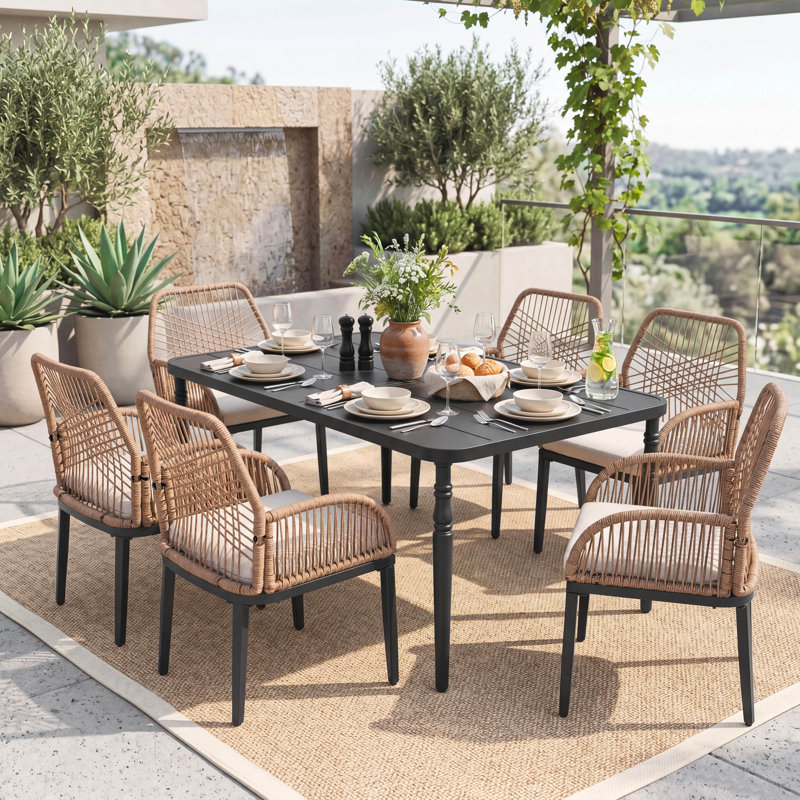 Outdoor 7-piece Metal Dining Set With Rattan Chairs And Cushions, Rectangular, 6, 28.7" H x 60.7" W x 37" D