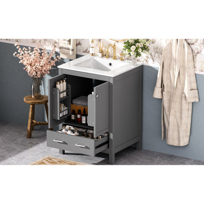 Meuble-lavabo de 24 pouces avec lavabo en céramique, tiroir simple et poignées en métal argenté Rangement polyvalent gris de 24 po, finition peinte à la main, accès facile à la plomberie