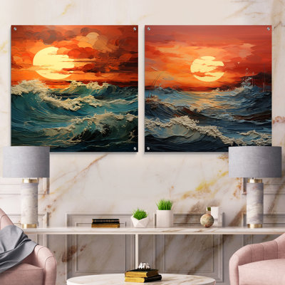 «Bold Beach Sunset Scenery - Coastal Sunset», ensemble de 2 peintures murales en acrylique sur verre