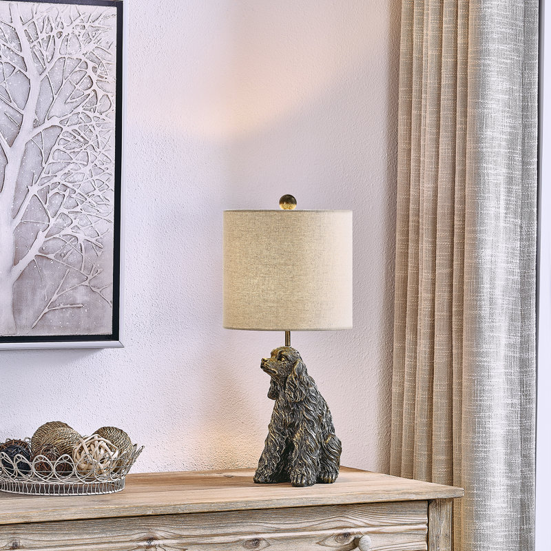 21" Golden Bronze Resin King Charles Cavalier Table Lamp  With Shade, Tan, Brown