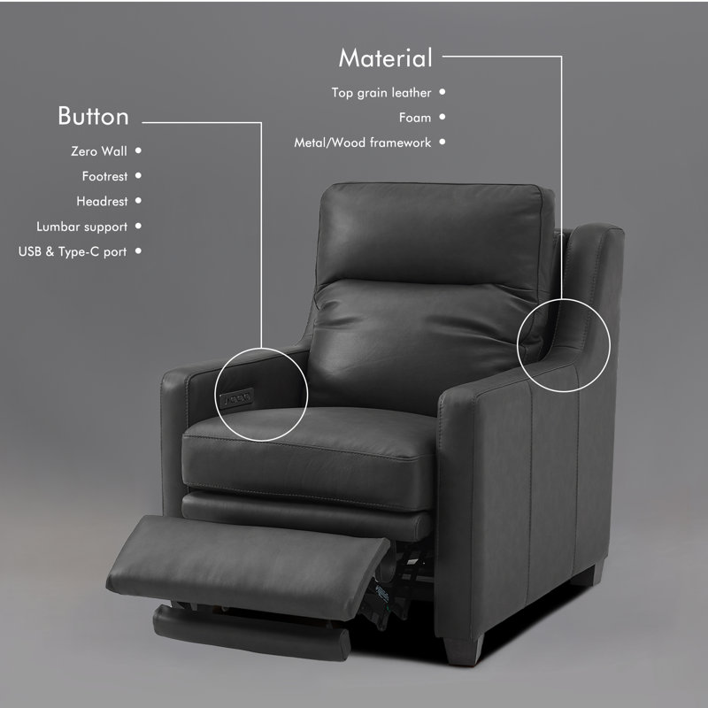 Fauteuil inclinable électrique 32 po en cuir véritable avec paroi zéro et repose-pieds dissimulés, Gris anthracite
