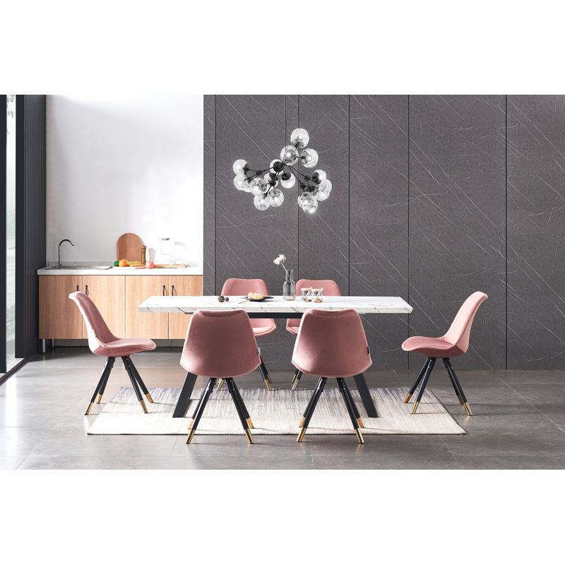 Grizelda 6 Person Dining set - a Rectangular Extendable Dining Table with Metal Legs and a Set of 6 Quilted Velvet Dining Chairs for Dining Room - Modern Dining Table Set