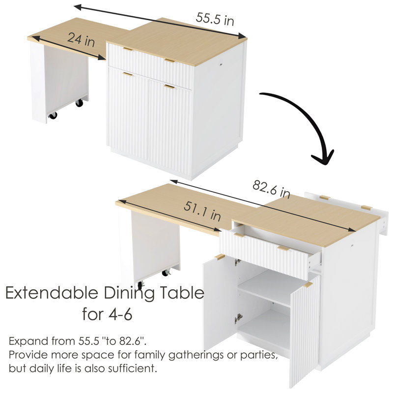 82.6" Fluted Kitchen Island With Extendable Dining Table & Storage For 2-6,Double Side Storage,Charging Station, Spice Racks For Dining Room