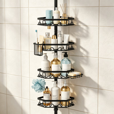4-Tier Drill-Free Telescopic Corner Shower Caddy with Hooks