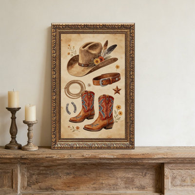 Bottes de cowboy à motif floral, cadre mural vintage orné – Cadre doré décoratif pour œuvres d'art.