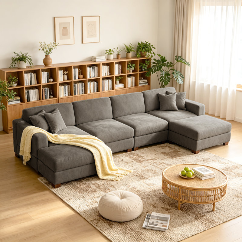 Canapé modulaire rembourré en chenille 6 pièces avec coussins décoratifs et repose-pieds 6 pièces Camel, Chenille chameau