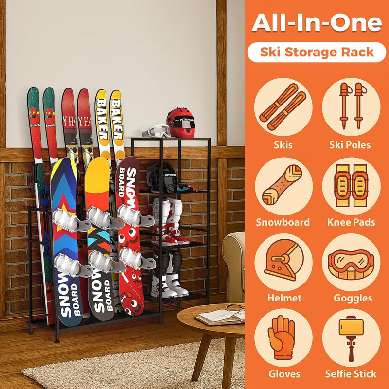 Freestanding Snowboard Rack, 4 Pair Ski, 3 Pack Snowboard, Boot, Pole, Goggles, Snowboard Gear
