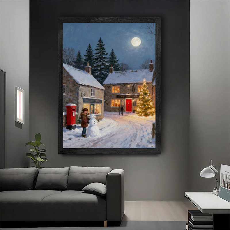 Encadrement noir, village de Noël enchanteur, impression d'art rétro, H 37 po x l 25 po