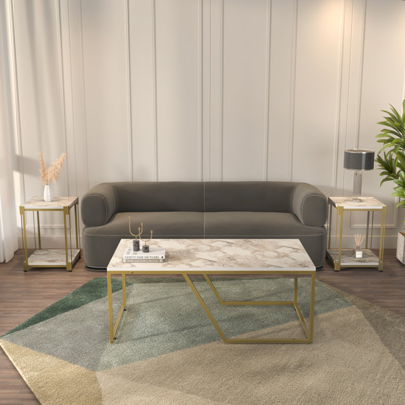 Ensemble de tables basses et tables d'appoint Wendy & Zenas, Motif de marbre blanc et blanc