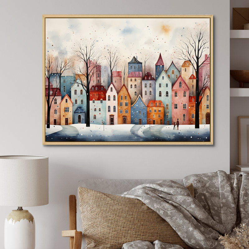 Multicolor Frosty City In Winter III - Art mural paysage d'hiver, Cadre flottant brun, H 12 po x l 20 po x P 1 po