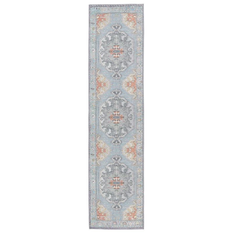 Tapis bleu ciel / argent en coton tissé à la machine Zenora, Tapis de couloir 2 pi 6 po x 10 pi
