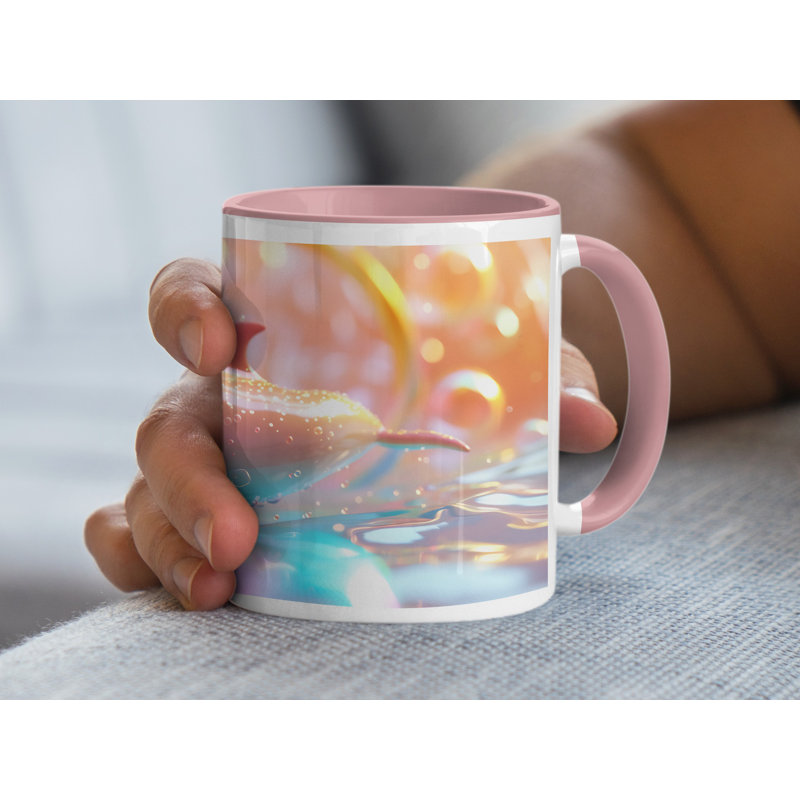 Set of 2 3D Design 11oz Accent Mugs – Ceramic Coffee Cups with a Pink Handle and Interior