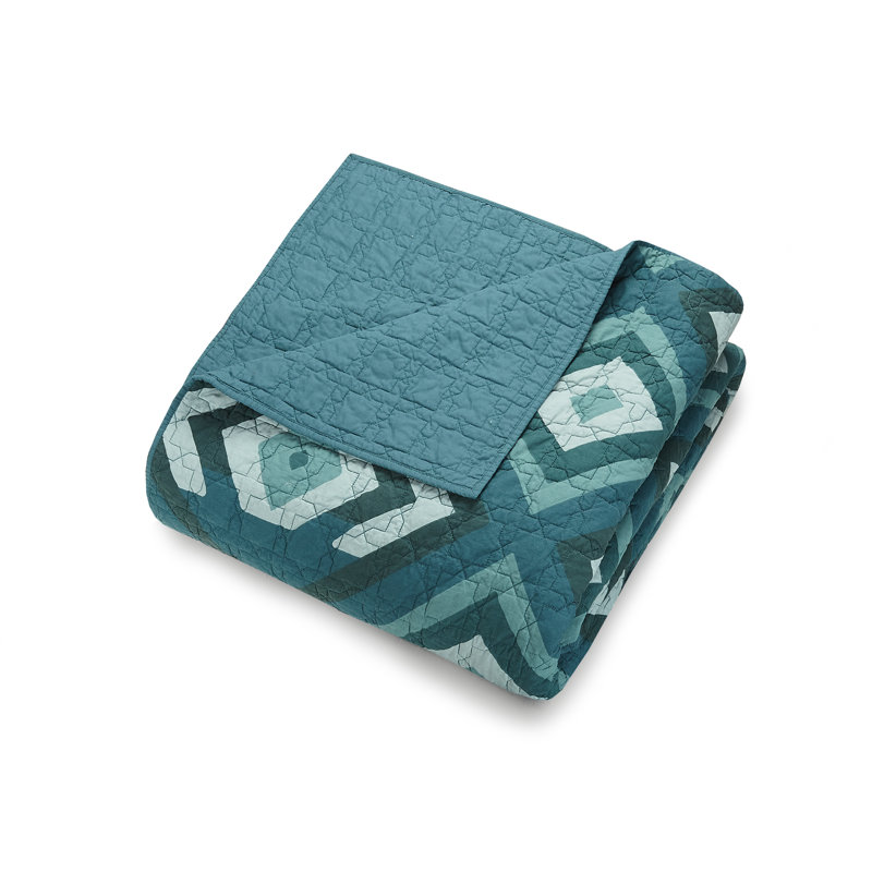 Teal and Aqua Cotton Full/Queen Quilt Set with Geometric Pattern