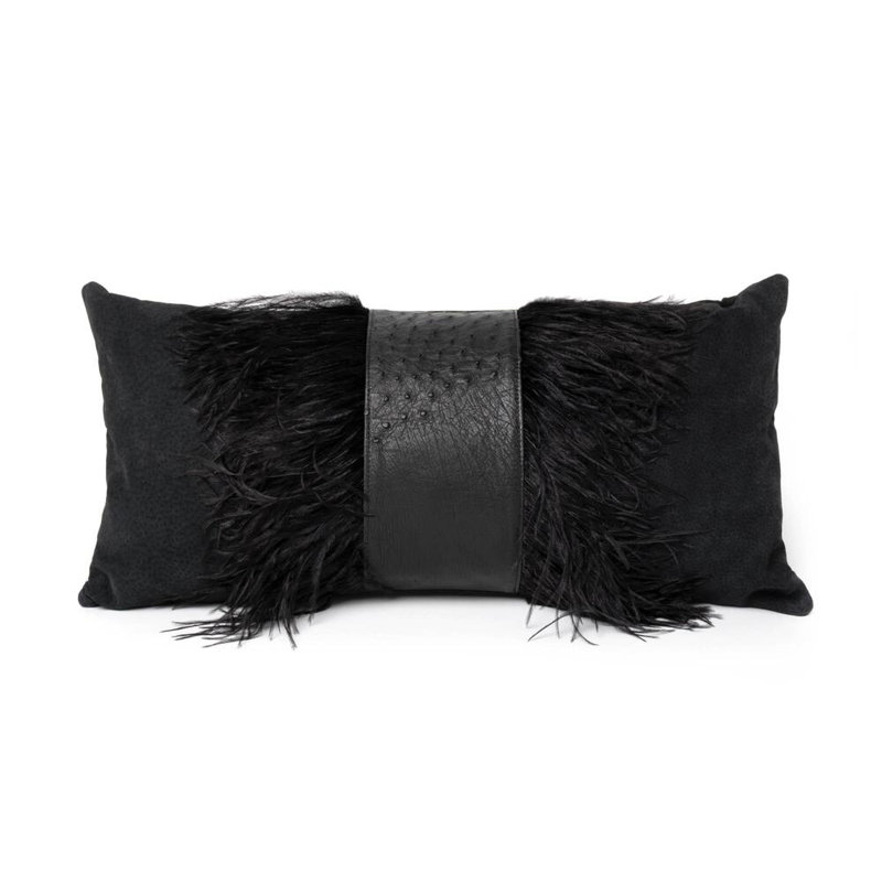 Feather Trim Suede Lumbar Pillow, Black
