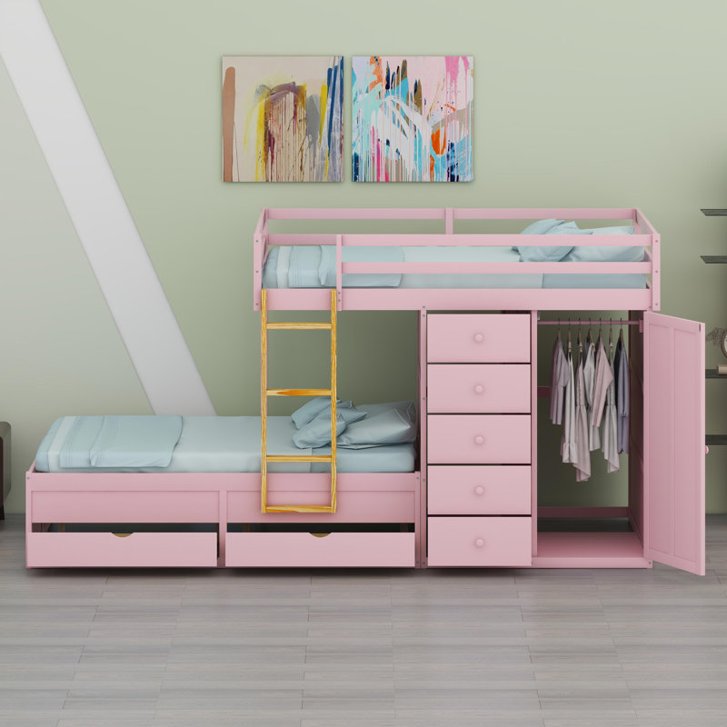 Lit superposé peu encombrant avec grands et petits tiroirs de rangement et garde-robe intégrée, Rose