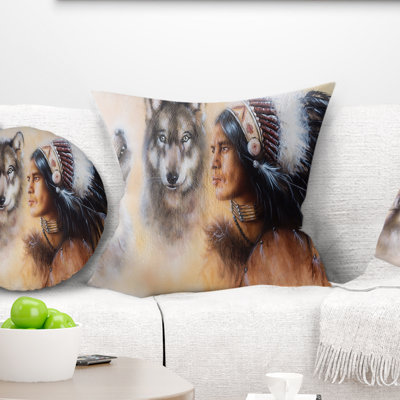 Coussin Indian Warrior avec deux loups
