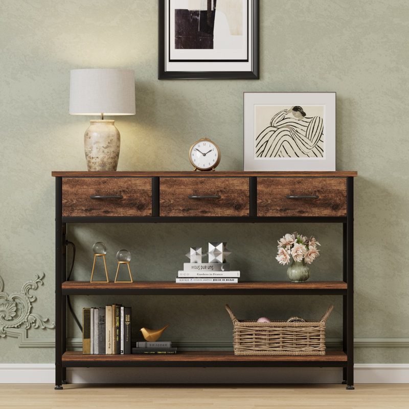 3-Tier Console Table With Charging Station & 3 Fabric Drawers,43.3'' Entryway Table With Storage Drawers And Open Shelves, Narrow Sofa Table With USB Ports And Outlets, Adjustable Feet, And Modern Design For Hallways, Living Rooms, And Small Spaces