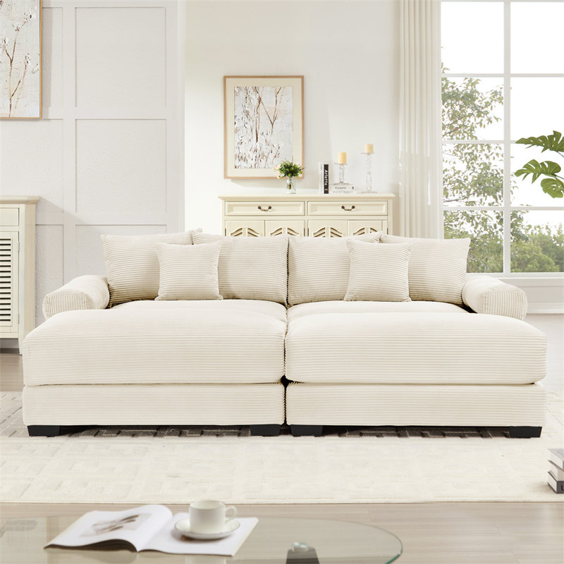 2 Seater Sofa with 2 Ottoman, Beige Corduroy