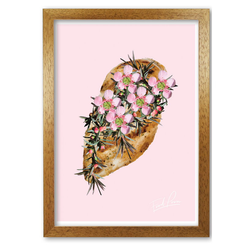 Chicken Floral Food Porn - Painting, 42 cm H x 30 cm W x 5 cm D, Honey Oak Frame