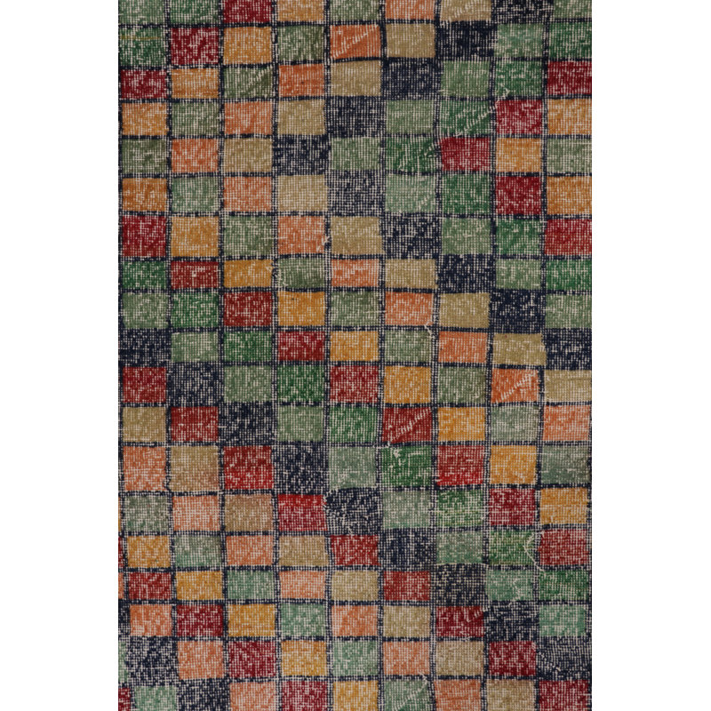 Vintage Distressed Runner Rug, Mosaic Multicolor Geometric Design - Rug & Kilim