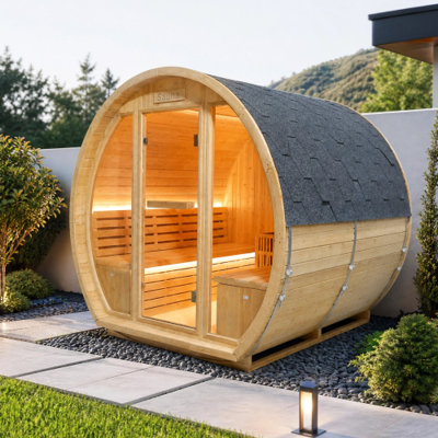 Sauna vapeur extérieure en forme de tonneau, en bois d'épinette carbonisé, pour 4 à 6 personnes – 9 kW 220-240 V, avec toit en asphalte, chauffage, pierres volcaniques et haut-parleurs Bluetooth