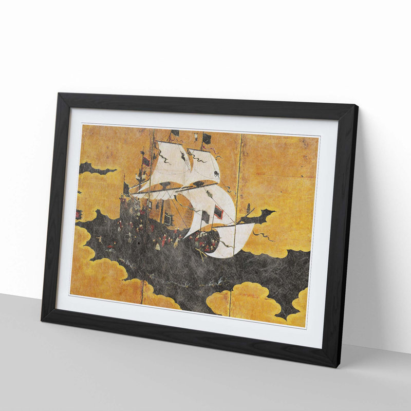 Koi Fishing by Kano Yasunobu - Picture Frame Art Print, 27cm H x 36cm W x 2cm D, Black Framed