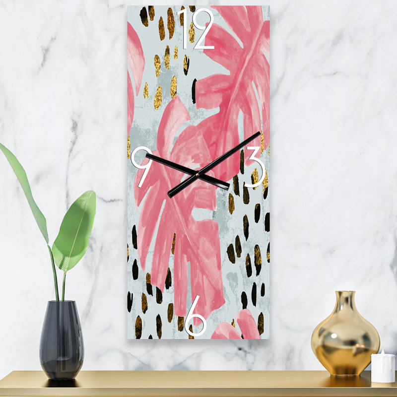 Horloge murale tropicale rose Monstera sur coups de pinceau rugueux II, Petit