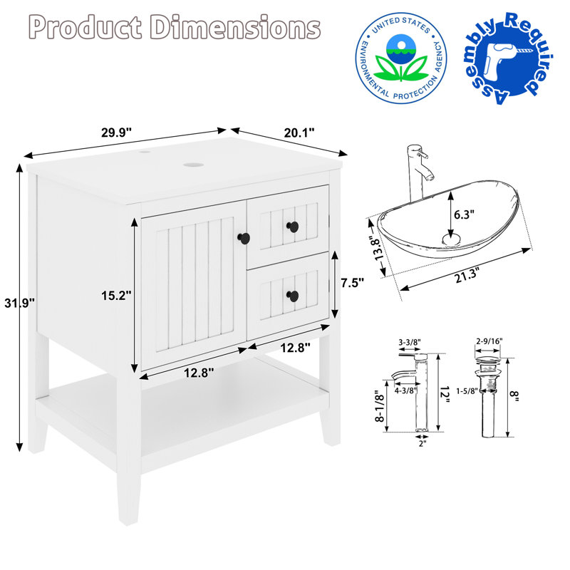 Sharee 30" Single Bathroom Vanity Set With Vessel Sink, Faucet And Drain, Assembly Required, White