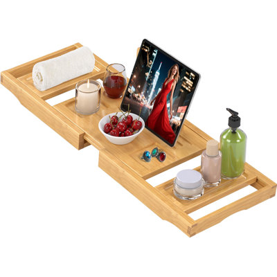 Bathtub Tray Caddy, Bamboo Expandable Bath Tray,Foldable,Natural