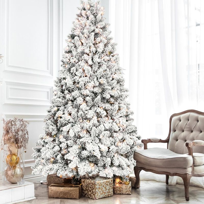 Arbre de Noël de 4,5 pi avec motif enneigé floqué, 250 lumières Ul, 24 pin véritable, pointes, 498 branches articulées, base en métal stable - idéal pour les fêtes, apparence idéale, grâce hivernale idéale