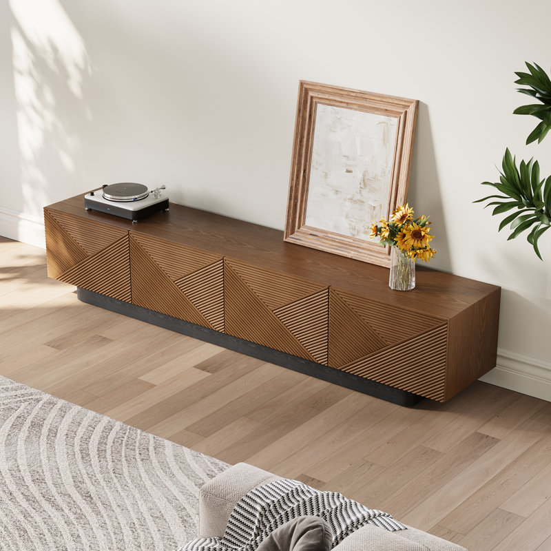 Meuble télé 78,74 po Mid-Century avec placage en bois massif brun et support média avec 4 armoires