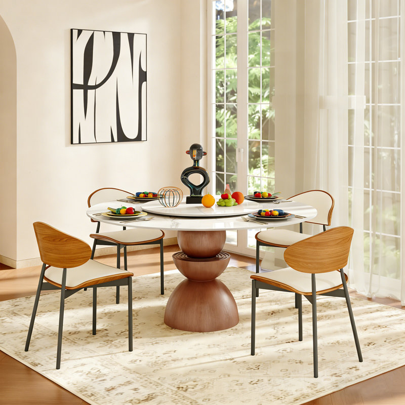 5 pièces Aggeliki rond pour 4 personnes avec plateau tournant, H 29,53 po x l 59 po x P 59 po, Blanc