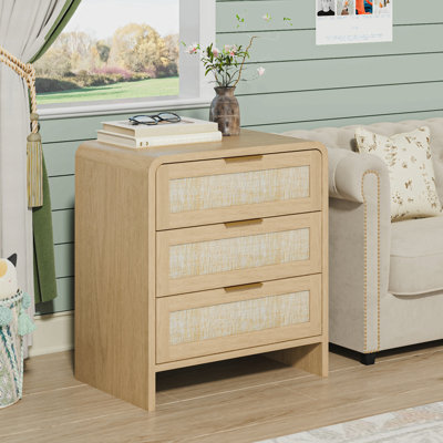 Table de chevet en rotin avec 3 tiroirs, table de chevet courbée en bois de 22,8 po de largeur, rangement moderne pour la chambre à coucher