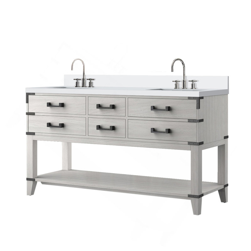 Meuble-lavabo double en chêne blanc 60 po X P 22 po D, dessus en quartz blanc et ensemble de robinet