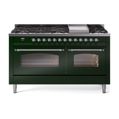 Cuisinière à double combustible ILVE Nostalgie II Series 60 po avec 9 brûleurs scellés et plaque de cuisson (gaz naturel, porte vitrée)