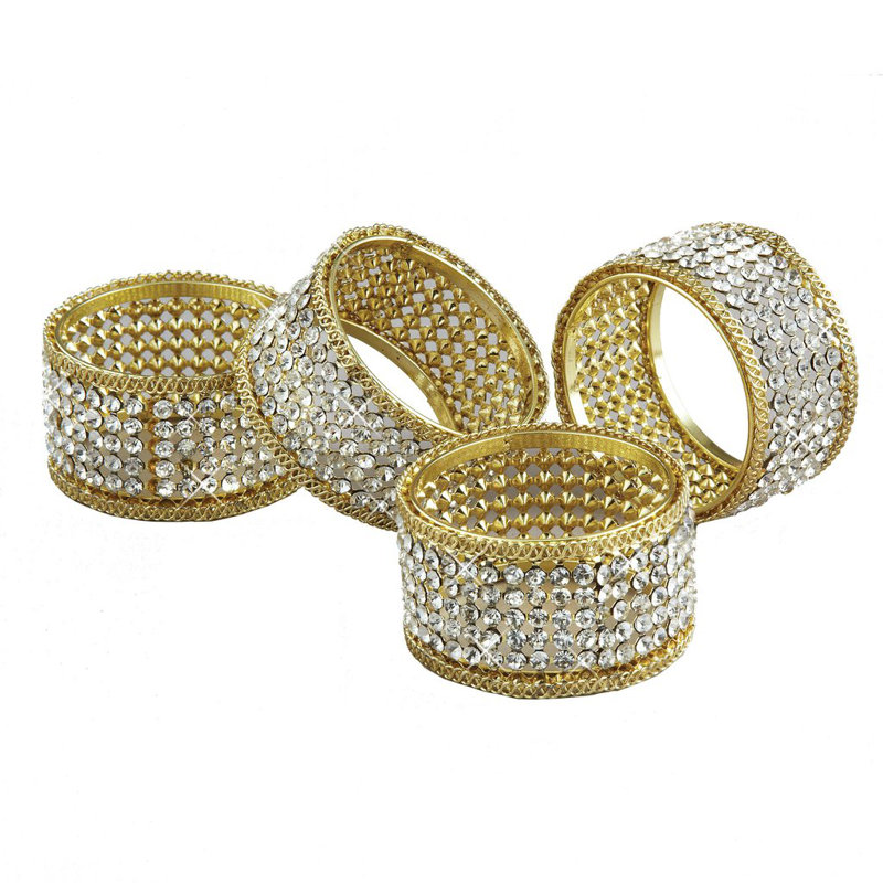 Gold Crystal Studded Cylinder Napkin Rings Set of 4