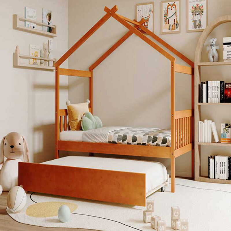 Lit simple en bois avec lit gigogne simple, noyer