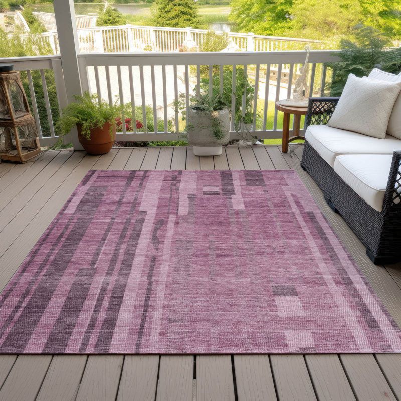 Blush and Gray Synthetic Stripe Washable Indoor/Outdoor Rug
