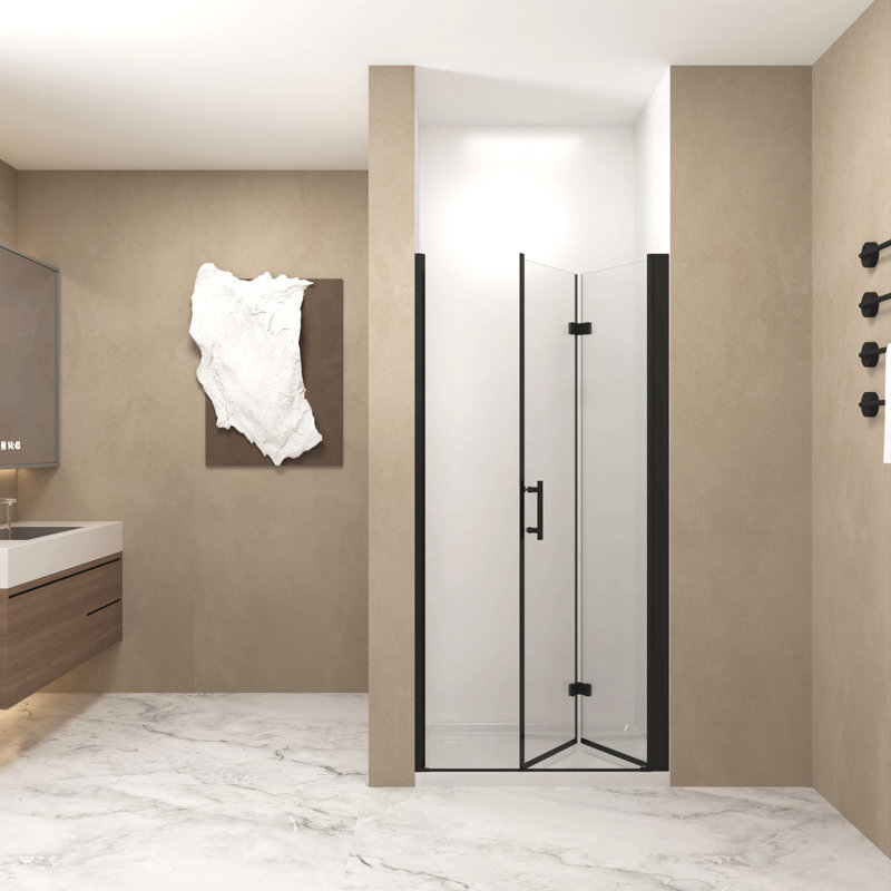 Porte de douche pliante 36 po x 72 po, verre trempé 1/4 po (6 mm), cadre en aluminium noir mat, film antidéflagrant