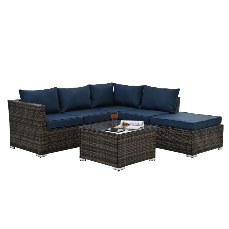 Sièges de patio: 4 personnes avec table en verre et sièges confortables, Bleu