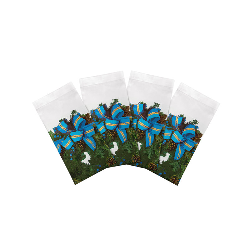 Christmas Wreath Cotton Sateen Dinner Napkins, White Cerulean
