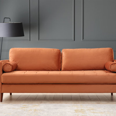 Modern 3-Seat Sofa in Vibrant Orange, 84.6 x 35.4 x 27.6 inches | Durable Beech Wood & Chipboard Frame, 100% Polyester Fabric | Includes 2 Plush Pillows, Dry-Cleanable | Comfortable Seating with Stylish Walnut Legs