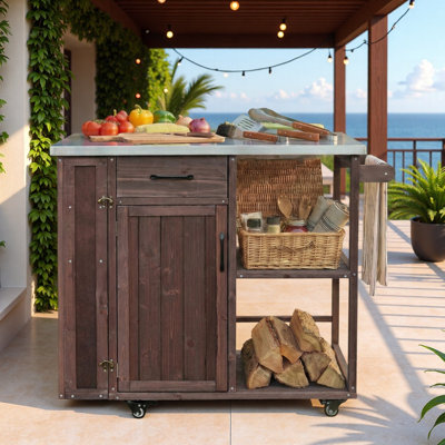 Outdoor Kitchen Island With Stainless Top, Towel, Spice Racks, Cabinet, Open Storage Space And Drawer