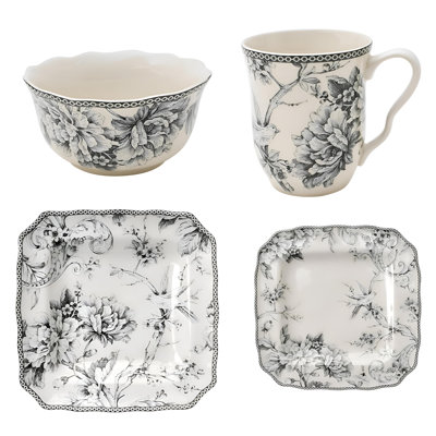 Floral Porcelain Dinnerware Set, Microwave And Dishwasher Safe Dining , Stackable And Chip-Resistant Plates Bowls And Cups, 16-Piece, Set For 4, (Gray)
